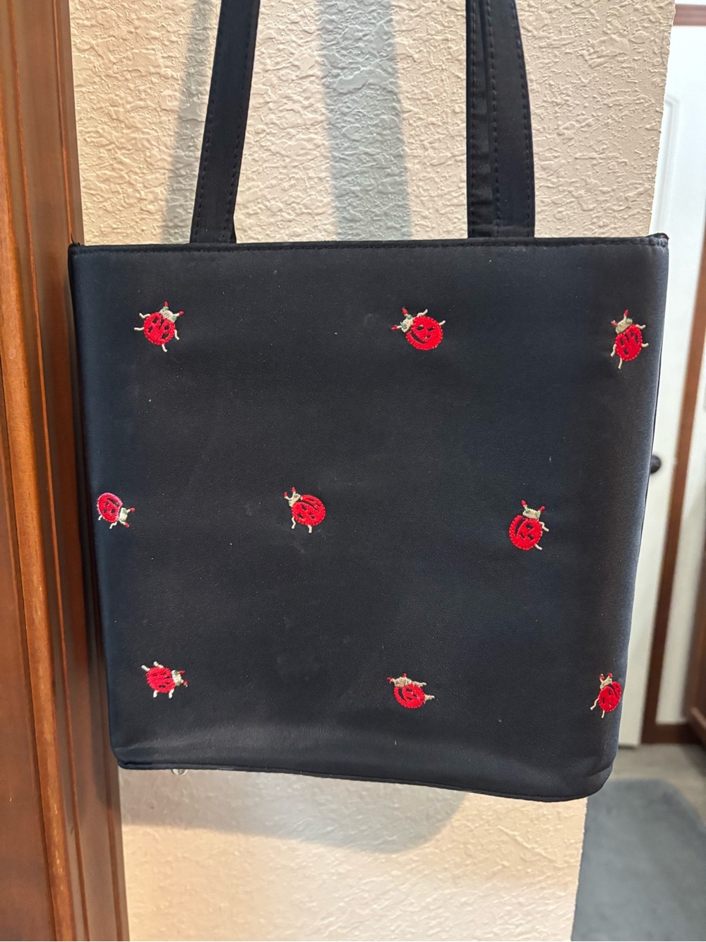 Black Tote Bag with Red Embroidered Ladybugs 🐞 - Women's Shoulder Bag